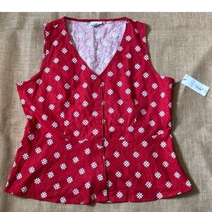 Red Floral Medallion Linen Blend Sleeveless Button Up Top Shirt XL Cottage Boho